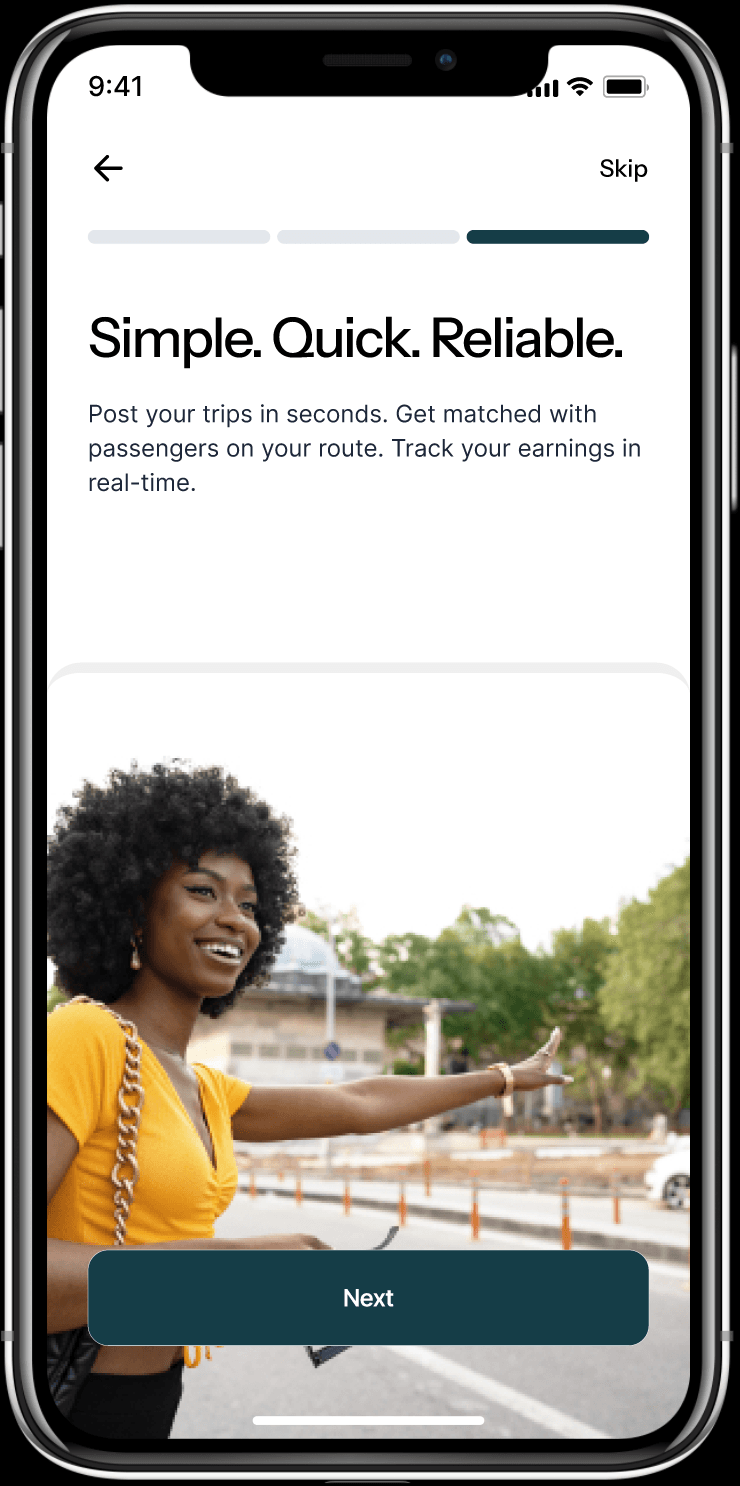 RidePaddy onboarding screen showing quick reliable commuting