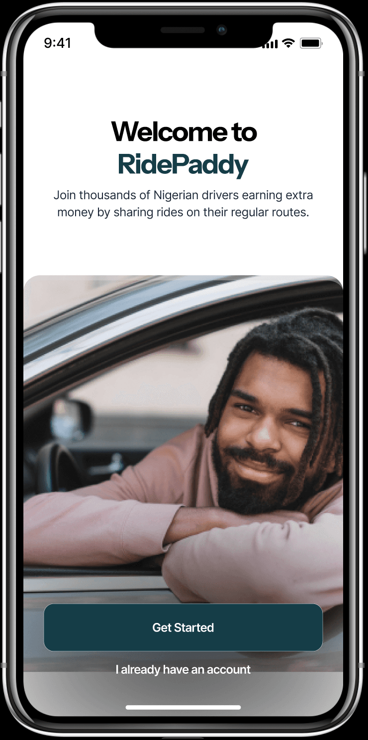 RidePaddy welcome screen in device frame